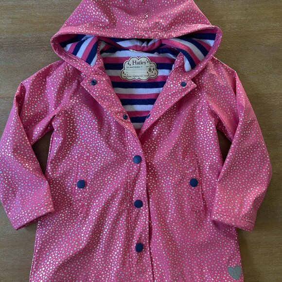 Pre-owned Hatley Girls Pink Raincoat w/ Sparkly Heart Print, Size 8 Years - Picture 1 of 11